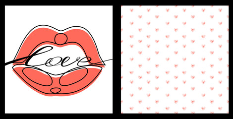 Continuous linear drawing. Beautiful female lip logo with the word love and small hearts. The concept of the logo, cards, banner, poster, flyers