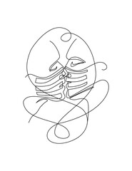 continuous drawn line of the face of a kiss in a medical mask. The concept of fashion, love, female beauty. Minimalist modern drawing for slogan design, print, graphic style