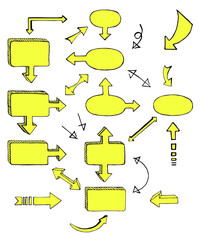 Set of hand-drawn arrows and block schemes with yellow filling, vector illustration