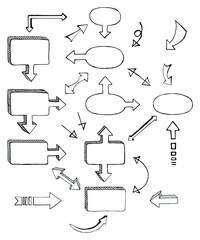 Set of black and white hand-drawn arrows and block schemes, vector illustration