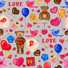 Seamless pattern Valntine's day elements. Watercolor hand painted illustration. For card, design, print or background.for a print, postcard, poster for Valentine's day.