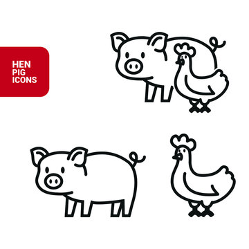 Vector image. Icon of a hen and a pig.