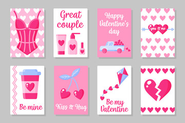 Fototapeta na wymiar Set of pink, white and blue colored cards for Valentine's Day or wedding. Vector flat design isolated on gray background