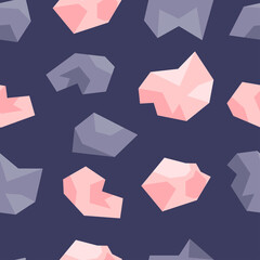 Seamless pattern of pink and lilac crystals. Gems, diamonds, gems on a dark blue background. Hand drawn vector illustration