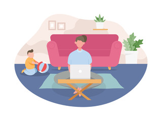 Vector illustration Work from home concept. Young woman working from home during coronavirus pandemic. Freelance working concept, People work remotely from home. Vector illustration in a flat style