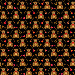 Watercolor hand painted illustration. Seamless pattern Valentine's day elements. For card, design, print or background.for a print, postcard, poster for Valentine's day, February 14.