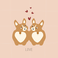 Cute corgi puppies and red hearts.  Corgi dogs in love. Couple in love - love card for Valentine's Day.	