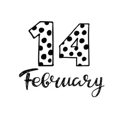 Valentine Day 14 February. Cute number 14. Hand drown vector fourteenth with polka dot. For Valentine poster, invitation, banner, calendar. F-shirt, mug, scrap booking, gift, printing press design.