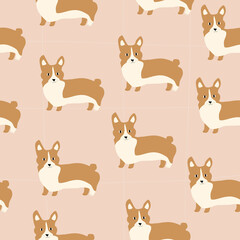 Cute corgi puppy on a pastel background. Brown corgi dog. Dog seamless pattern.