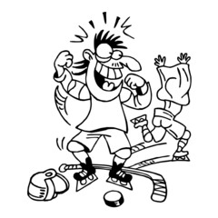 Naklejka premium Hockey fighter celebrating victory and loser running away with jersey over his head, winter sport, black and white cartoon