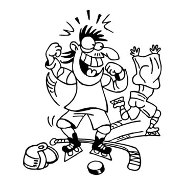 Hockey fighter celebrating victory and loser running away with jersey over his head, winter sport, black and white cartoon