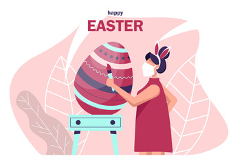 Happy Easter. Happy woman wearing a mask to prevent coronavirus celebrating Easter and painting Easter eggs. Traditional spring holidays design elements and characters.