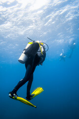 Diver rising to the surface from the depths of the sea