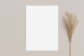 White invitation card mockup with a dried grass decoration on a beige table. 5x7 ratio, similar to...