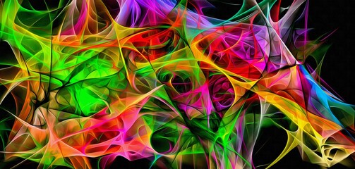 Abstract electrifying lines, smoky fractal pattern, digital illustration art work of rendering chaotic dark background.