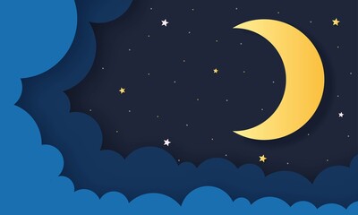 night sky. moon, stars and clouds in midnight. paper art style. vector Illustration.	
