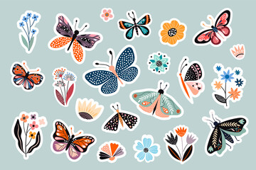 Moths, butterflies and flowers stickers collection, abstract decorative design - obrazy, fototapety, plakaty