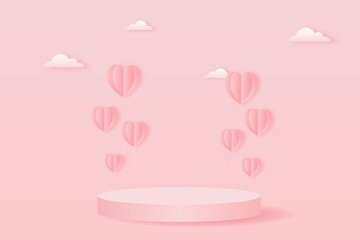 paper cut happy valentine's day concept. landscape with cloud, heart shape balloons and geometry shape podium on pink sky background paper art style. vector illustration. 