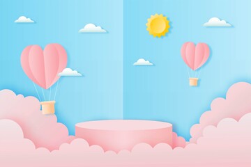 paper cut happy valentine's day concept. landscape with cloud, heart shape hot air balloons flying and geometry shape podium on blue sky background paper art style. vector illustration. 