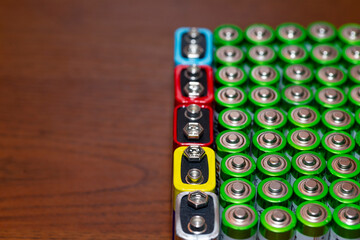 Used alkaline batteries AA size format of different brands lying in a rows. top view background...