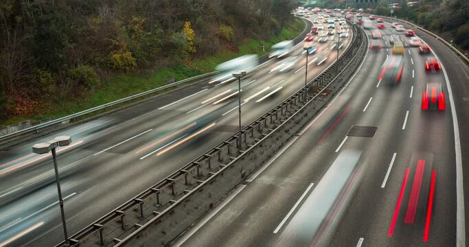 Timelapse of highway traffic during rush hour, motorway, cars