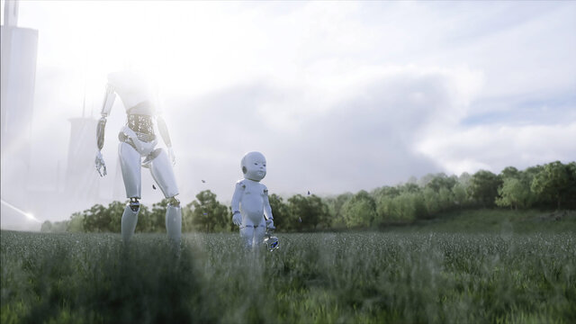 mother robot with her baby robot in the meadow on the background of a futuristic city. Family of the future. Robofamily. 3d rendering.