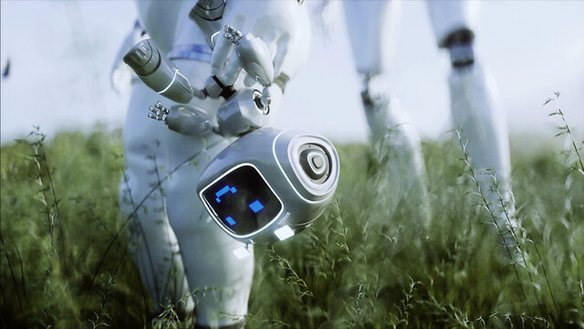 mother robot with her baby robot in the meadow on the background of a futuristic city. Family of the future. Robofamily. 3d rendering.