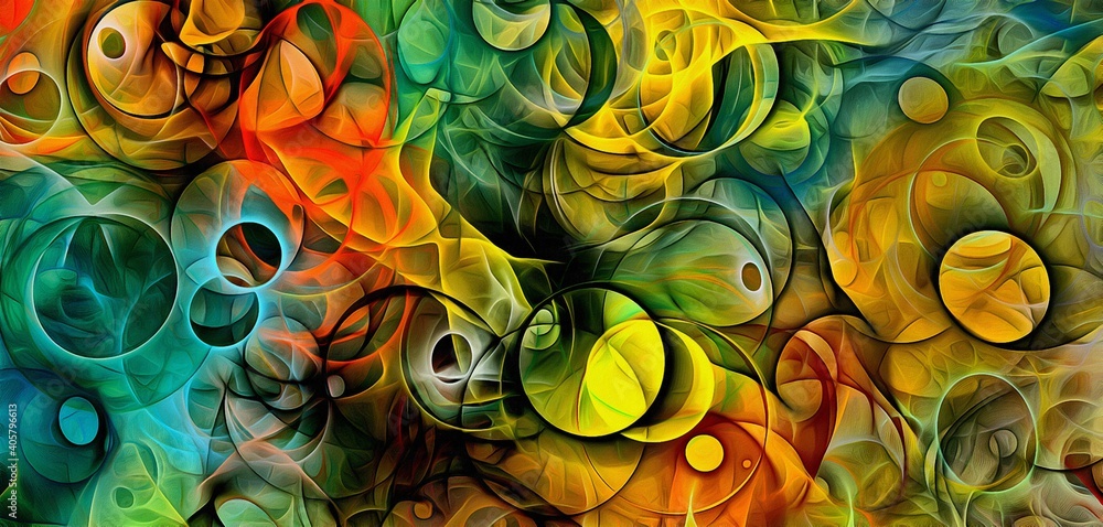 Poster abstract psychedelic background colored fractal hotspots arranged circles and spirals of different s
