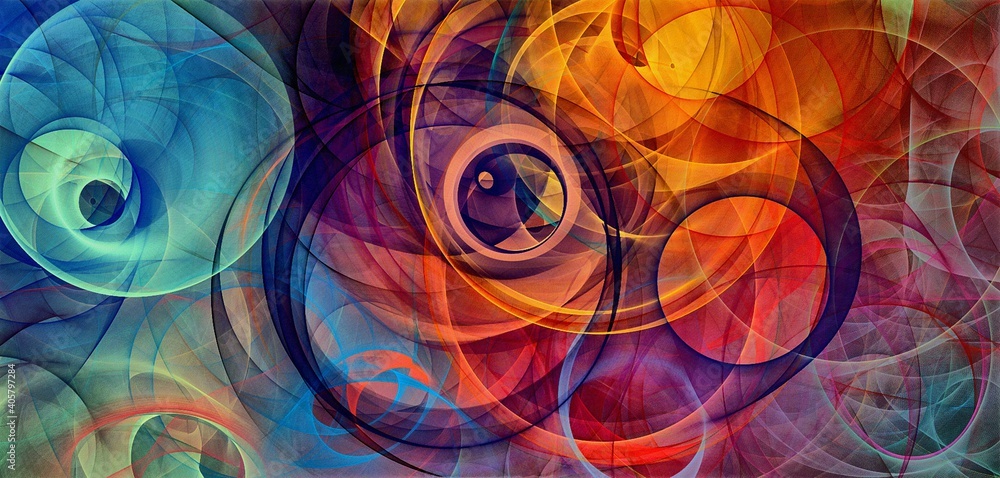 Poster abstract psychedelic background colored fractal hotspots arranged circles and spirals of different s