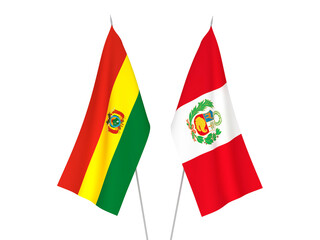 National fabric flags of Peru and Bolivia isolated on white background. 3d rendering illustration.