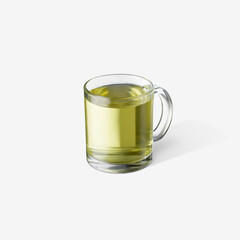 Green tea in transparent cup on white background