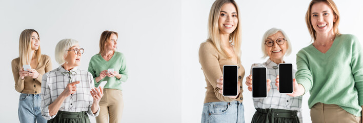 collage of three generation of happy women holding smartphones with blank screen isolated on white