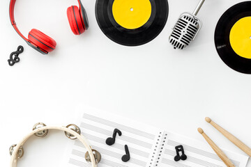 Background music flat design - instruments, microphone and headphones, top view