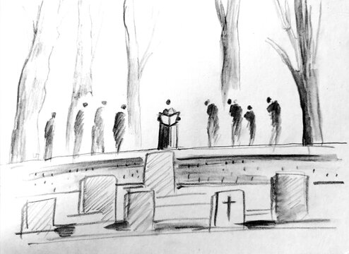 Zeichnung - Abschied nehmen, Beerdigung auf dem Friedhof im Winter, Beistand leisten und ein letzter Gruß