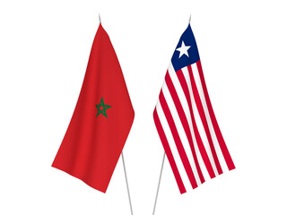 National fabric flags of Morocco and Liberia isolated on white background. 3d rendering illustration.