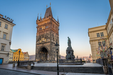 Fototapeta na wymiar Old Town Bridge Tower of the Charles Bridge with no people, nobody - Krizovnicke square one of the most beautiful Gothic constructions in world. It was designed by Peter Parler Prague, Czech