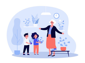 Kids giving houseplants to grandma. Children with potted plants visiting grandparents. Flat vector illustration. Home decoration, family concept for banner, website design or landing web page