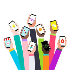 Vector illustration of concept for mobile apps. Flat design. Arms with mobiles. - 405800019