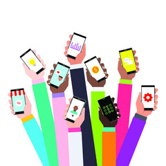 Vector illustration of concept for mobile apps. Flat design. Arms with mobiles. - 405800033