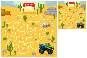 Fotobehang Maze for kids. Help the monster truck find the right way to the finish line. Suv in the desert. Vector cartoon illustration. Education game for children.  © Ekaterina