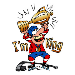 Hockey player holding golden cup over head and celebrating victory, screaming I'm the King, winter sports, color cartoon