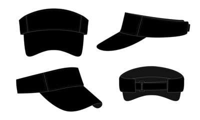 Set Blank Black Sun Visor Cap With Adjustable Ring and Hook And Loop Tape Strap For Template Vector.