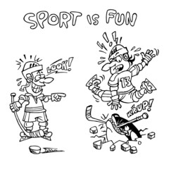 Hockey player is attacked by a Killer Whale and his opponent laughs, sport is fun, black and white cartoon