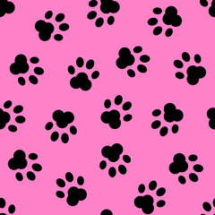 Black footprints of a pet dog on a pink background seamless pattern. Design for pet supplies, clothing, packaging. Stock vector illustration.