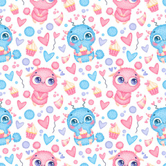 Valentine's day seamless pattern. Cute monsters n love seamless pattern.