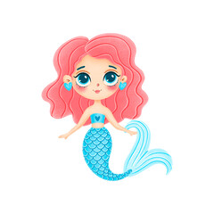 Illustration of cute cartoon mermaid with pink hair isolated on white background