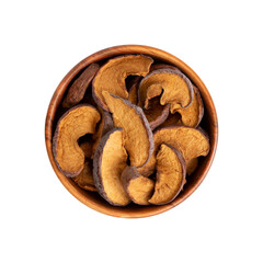 Slices of sun dried fruits dehydrated apples on white background.