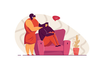 Friend giving support and comfort to depressed crying person, touching shoulders, helping to go through stress and anxiety. Vector illustration for empathy, friendship, compassion concept