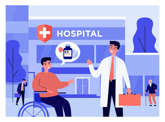 Patient asking doctor for RX. Disabled man, wheelchair, prescription need. Flat vector illustration. Treatment, pharmacy, hospital concept for banner, website design or landing web page