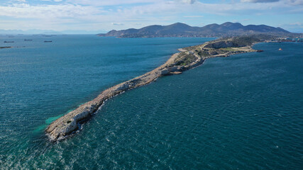 Aerial drone photo of Kinosoura peninsula a thin piece of land in Salamina island, Saronic gulf,...